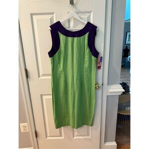 Vintage John Roberts Green & Purple Linen Bow Back Sleeveless Dress sz 15/16 NWT